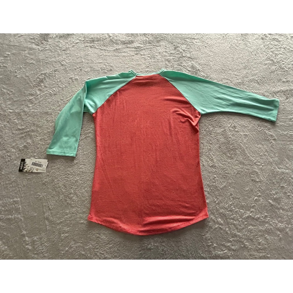 LuLaRoe Disney Randy Baseball Tee Coral Pink Mint Green Wavy Stripe XS New - Picture 8 of 9
